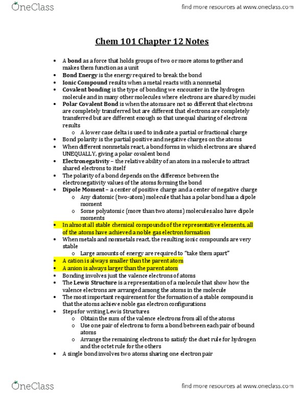 CHEM 101 Chapter Notes -Noble Gas, Molecular Geometry, Ion thumbnail