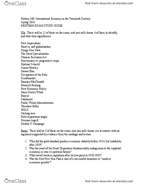 HISTORY 160 Study Guide - Spring 2018, Midterm - Hjalmar Schacht, Harry ...