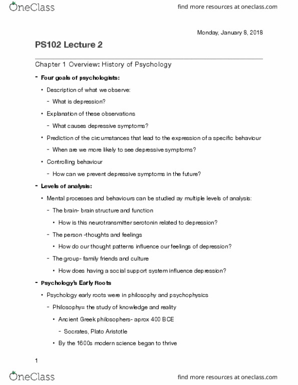 PS102 Lecture Notes - Lecture 2: Psychophysics, Behaviorism, Little Albert Experiment thumbnail