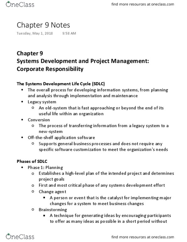 MIS 180 Chapter Notes - Chapter 9: Systems Development Life Cycle, Legacy System, Application Software thumbnail