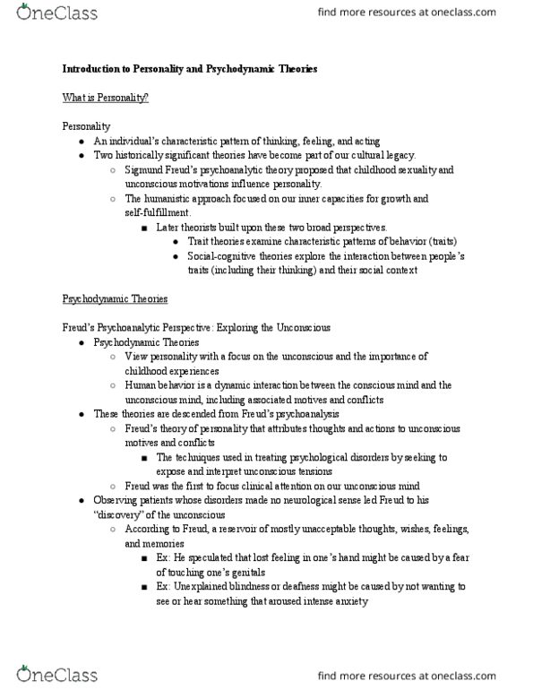 PSYC 111 Lecture Notes - Lecture 15: Unconscious Mind, Oral Stage, Psychoanalytic Theory thumbnail