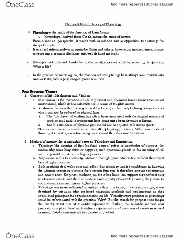 History of Science 2220 Chapter Notes - Chapter 3: Teleology, Experimental Physiology, Scientific Method thumbnail