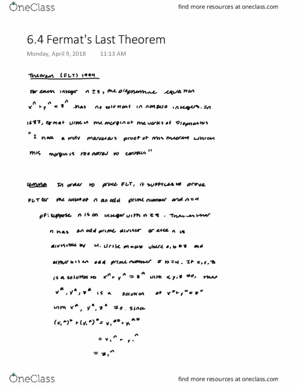 MATH-3800 Lecture 23: 6.4 Fermat's Last Theorem thumbnail