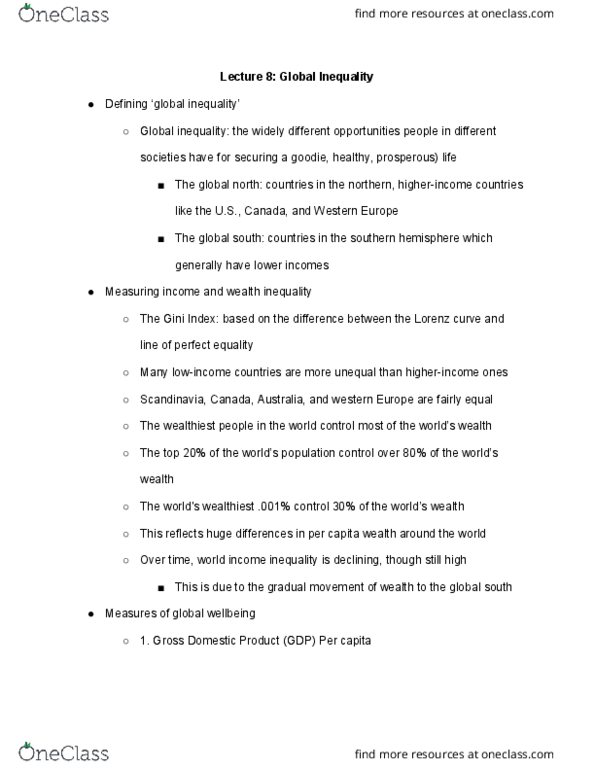 SOC100H1 Lecture Notes - Lecture 8: Gross Domestic Product, International Inequality, Gini Coefficient thumbnail