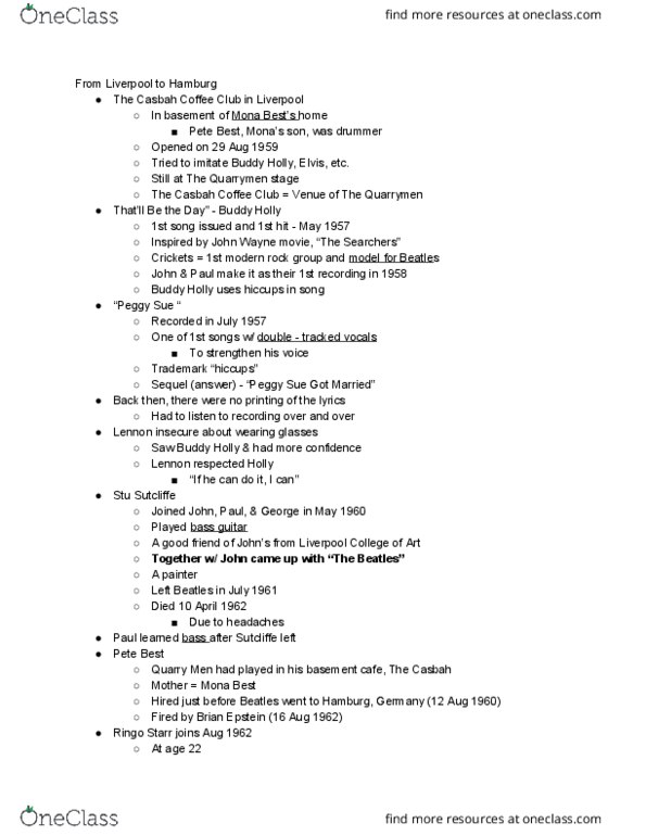 MUS 116 Lecture Notes - Lecture 4: The Casbah Coffee Club, Stuart Sutcliffe, Ringo Starr thumbnail