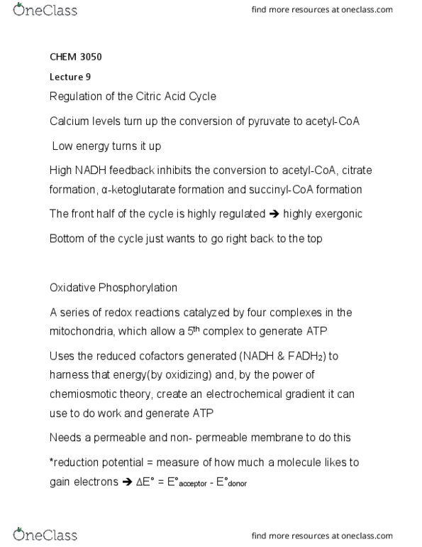 CHEM 3050 Lecture Notes - Lecture 9: Citric Acid Cycle, Electrochemical Gradient, Chemiosmosis thumbnail