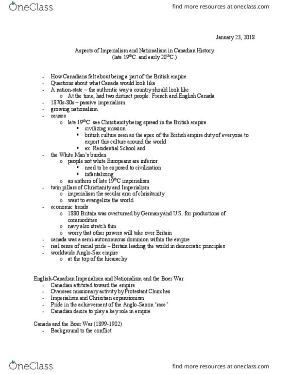 History 2201E Lecture Notes - Lecture 12: Civilizing Mission, English Canada, Descendents thumbnail