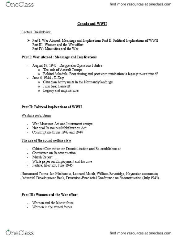 History 2201E Lecture Notes - Lecture 16: National Resources Mobilization Act, War Measures Act, Beveridge Report thumbnail