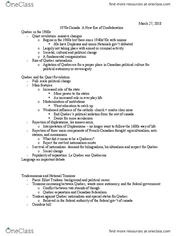 History 2201E Lecture Notes - Lecture 22: Pierre Trudeau, Assembly Of First Nations, A New Era thumbnail