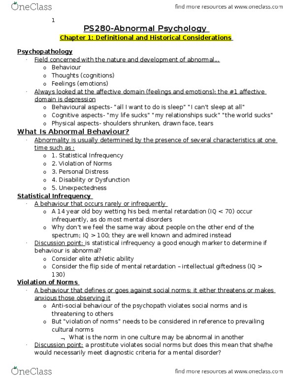 PS280 Chapter Notes - Chapter 1: Strange Behaviour, Psychopathology, Socalled thumbnail