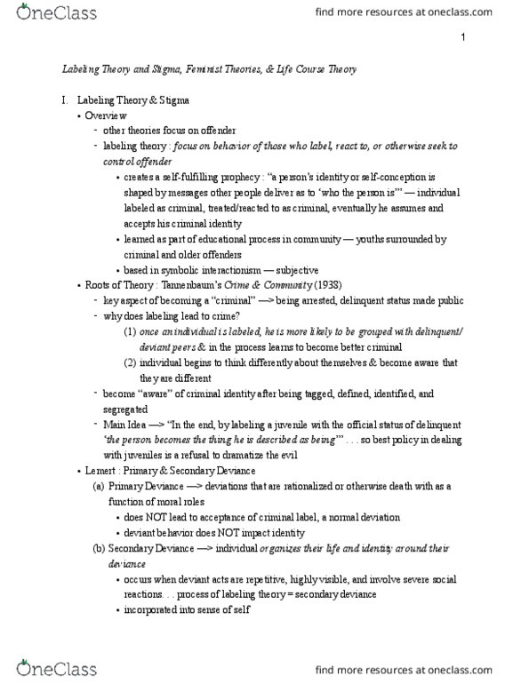 SOCI 3810 Lecture Notes - Lecture 11: Feminist School Of Criminology, Labeling Theory, Symbolic Interactionism thumbnail