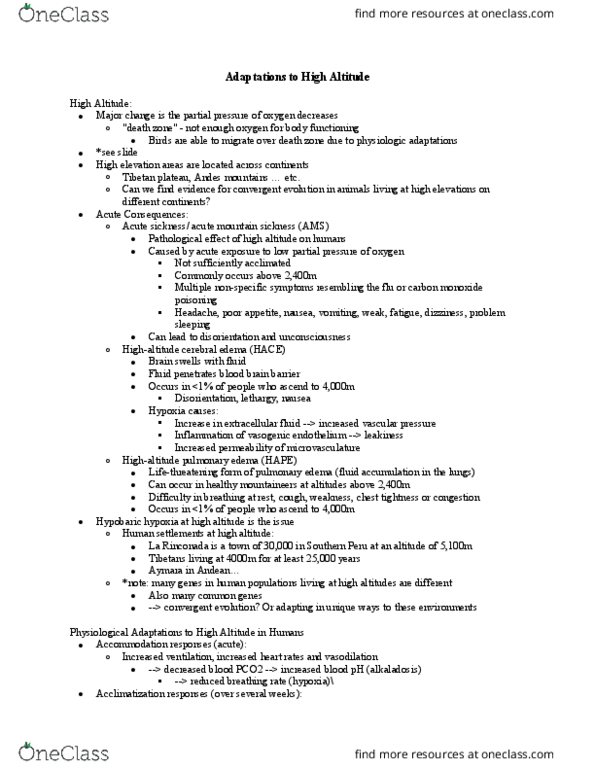 BIOL 4010 Lecture Notes - Lecture 15: Heart Failure, Tibetan Plateau, Effects Of High Altitude On Humans thumbnail