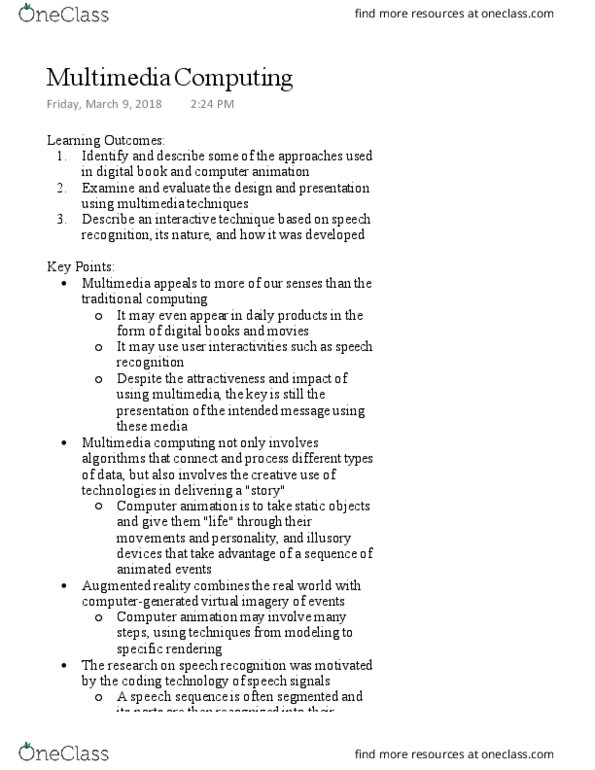 CIS 2050 Lecture Notes - Lecture 8: Turing Test, Spoken Language, Traditional Animation thumbnail