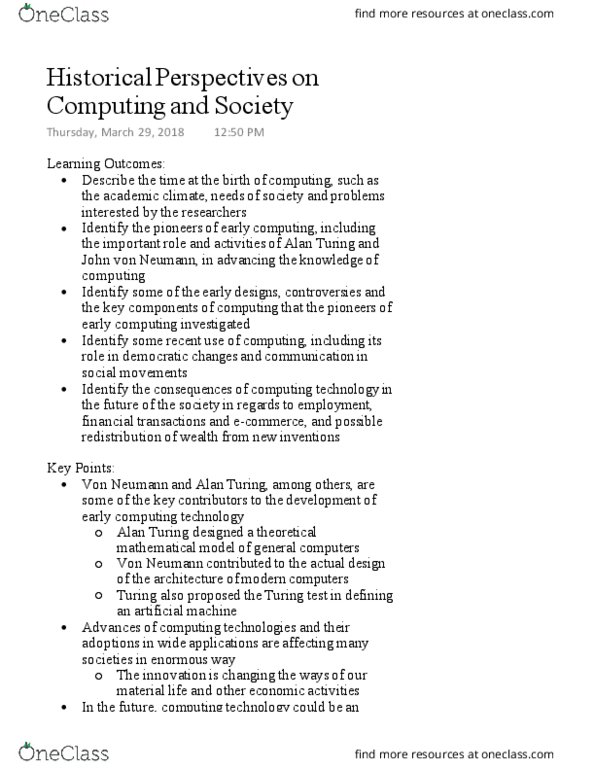 CIS 2050 Lecture Notes - Lecture 10: Turing Test, Edvac, Coding Theory thumbnail