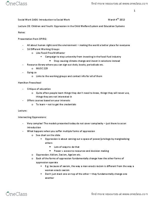 SOCWORK 1A06 Lecture Notes - Lecture 20: Ableism, Racialization, Conditionality thumbnail