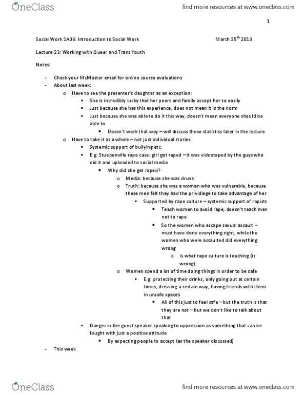 SOCWORK 1A06 Lecture Notes - Egale Canada, Homophobia, Umbrella Term thumbnail