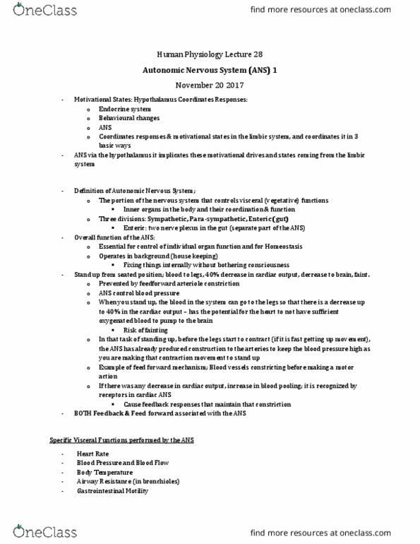 Physiology 3120 Lecture Notes - Lecture 28: Alpha Motor Neuron, Parasympathetic Nervous System, Autonomic Nervous System thumbnail