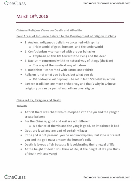 RELI 2732 Lecture Notes - Lecture 9: Religion In China, Orthopraxy, Taoism thumbnail