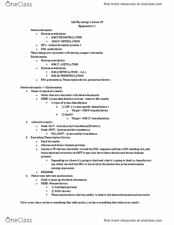 Physiology 3140A Lecture Notes - Lecture 29: Histone Acetyltransferase, Cpg Site, Histone Methylation thumbnail