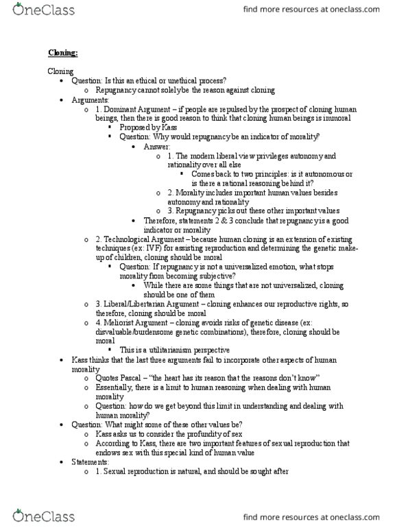 CAS PH 251 Lecture Notes - Lecture 15: Human Cloning, Cloning, Sexual Reproduction thumbnail