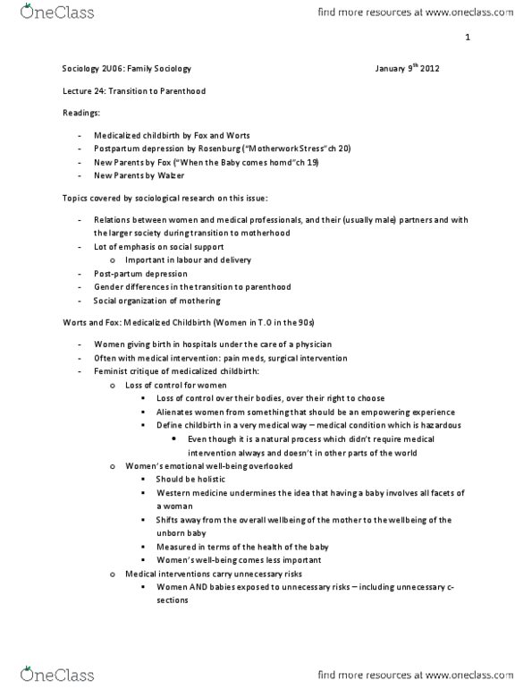 SOCIOL 2U06 Lecture Notes - Medical Model, Postpartum Depression, Childbirth thumbnail