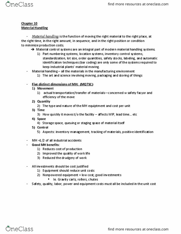 IND 400 Chapter Notes - Chapter 10: Material Handling, Safety Stock, Unit Load thumbnail