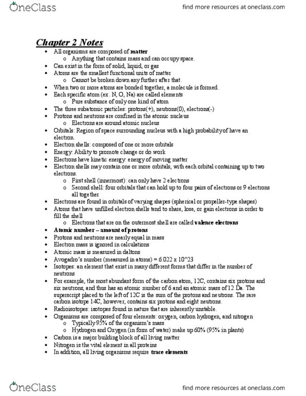 BIOL 2051 Chapter Notes - Chapter 2: Electron Shell, Atomic Nucleus, Atomic Mass thumbnail