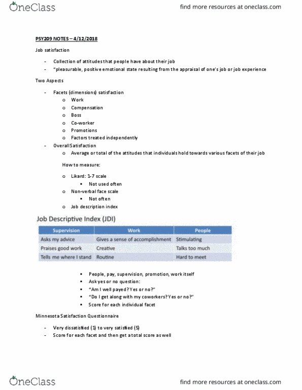 PSY 209 Lecture Notes - Lecture 19: Job Satisfaction, Organizational Commitment, Job Performance thumbnail