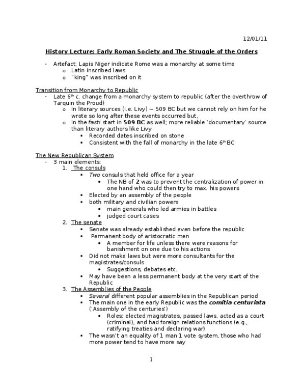 HIST 2100 Lecture : Struggle of Orders Lecture focuses on the social politics of Early Rome. Changing from a monarchy to a Republic government. The social ladders/classes established and their roles in society and the conflicts that arise between classes. thumbnail