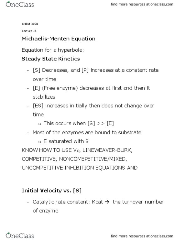 CHEM 3050 Lecture Notes - Lecture 34: Turnover Number, Enzyme Kinetics, Hyperbola thumbnail