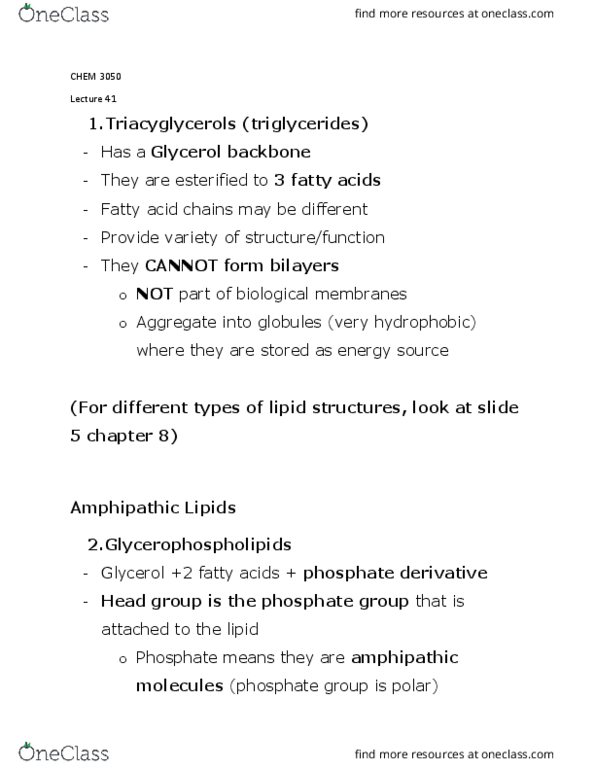 CHEM 3050 Lecture Notes - Lecture 41: Ester, Amphiphile, Glycerol thumbnail