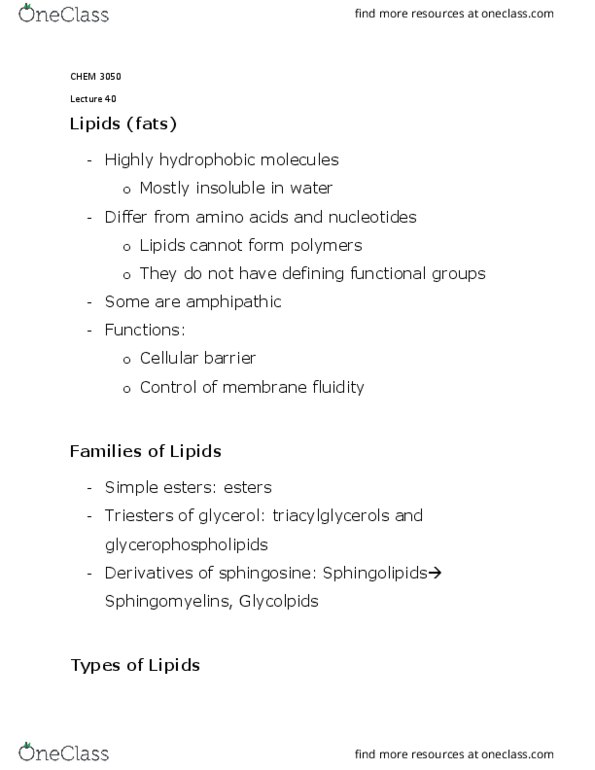 CHEM 3050 Lecture Notes - Lecture 40: Glycerophospholipid, Sphingosine, Triglyceride thumbnail