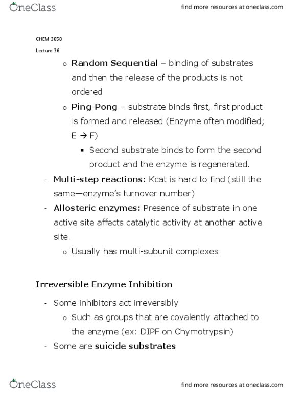 CHEM 3050 Lecture Notes - Lecture 36: Enzyme Kinetics, Turnover Number, Competitive Inhibition thumbnail