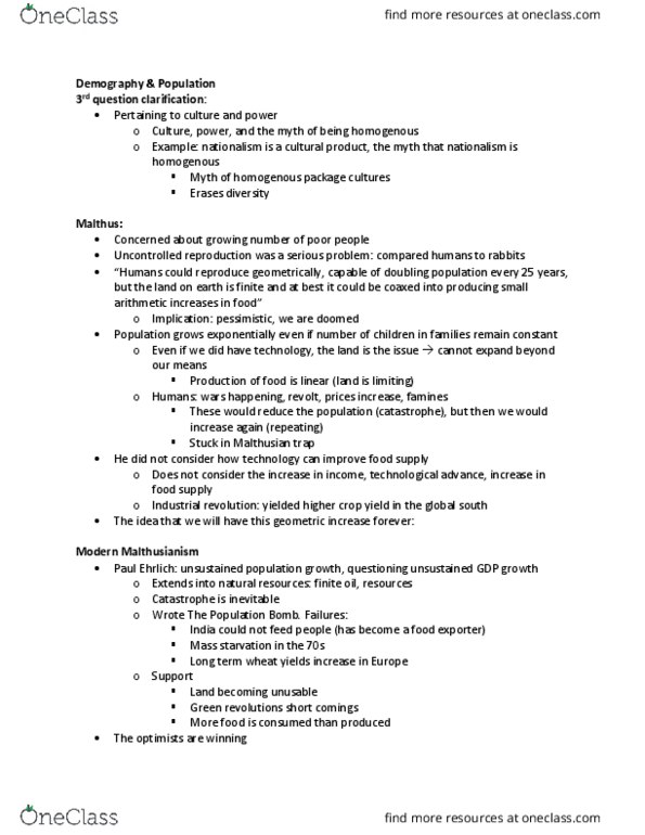 SOCI 210 Lecture Notes - Lecture 9: Malthusian Trap, The Population Bomb, Crop Yield thumbnail