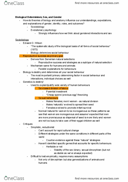 SOCI 210 Lecture Notes - Lecture 19: Sociobiology, Status Quo, Evolutionary Psychology thumbnail