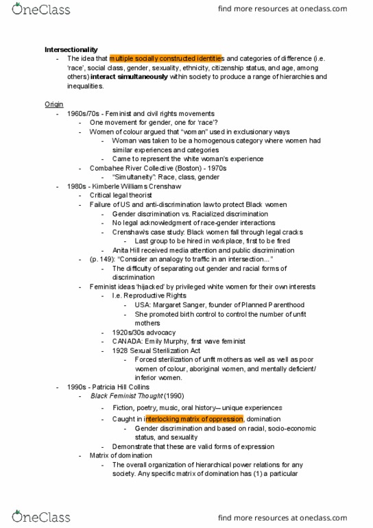 SOCI 210 Lecture Notes - Lecture 10: Patricia Hill Collins, Critical Legal Studies, Sexual Sterilization Act Of Alberta thumbnail