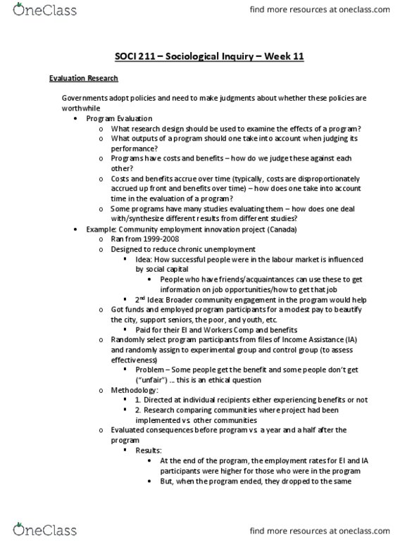 SOCI 211 Lecture Notes - Lecture 11: Sociological Inquiry, Social Capital thumbnail