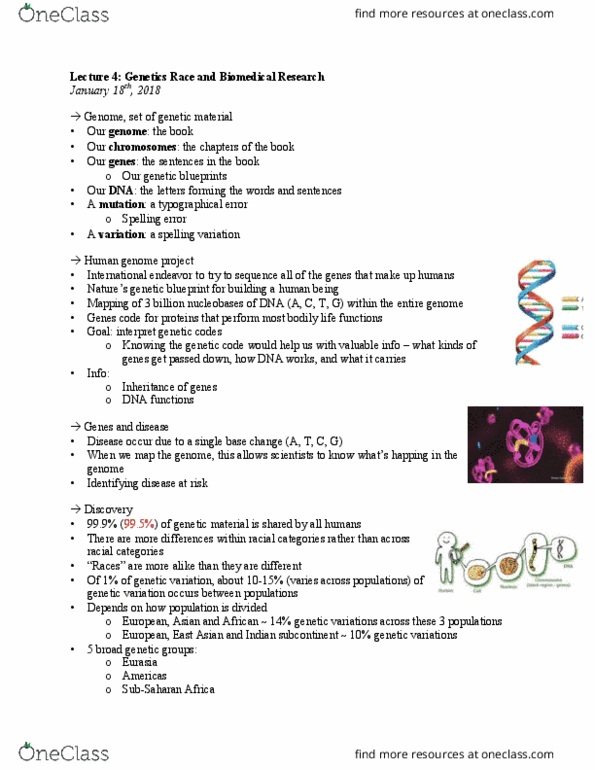 SOCI 230 Lecture Notes - Lecture 4: Human Genetic Variation, Human Genome Project, Genetic Variation thumbnail