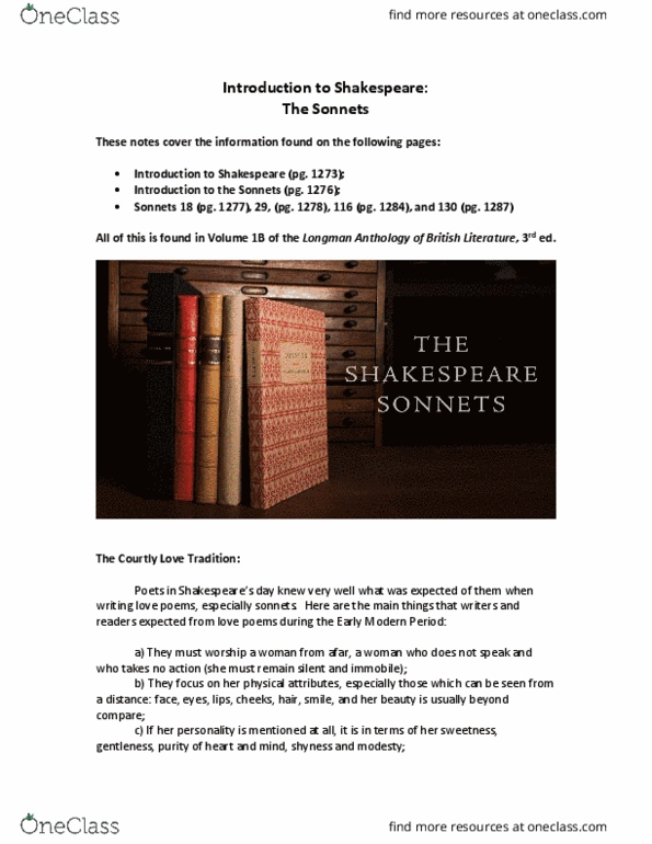 ENG 221 Lecture Notes - Lecture 7: Sonnet 116, Sonnet 130, Sonnet 29 thumbnail