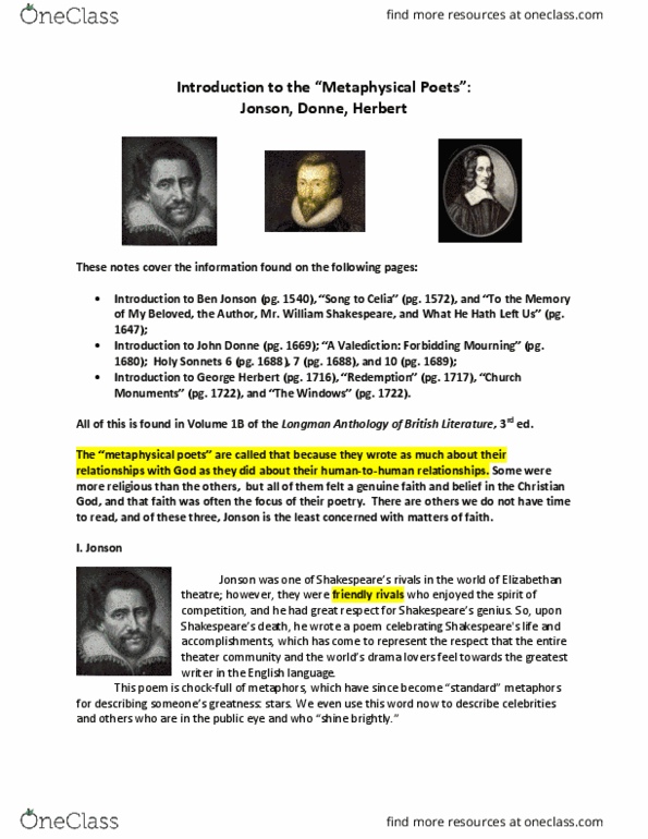 ENG 221 Lecture Notes - Lecture 9: Metaphysical Poets, Ben Jonson, John Donne thumbnail