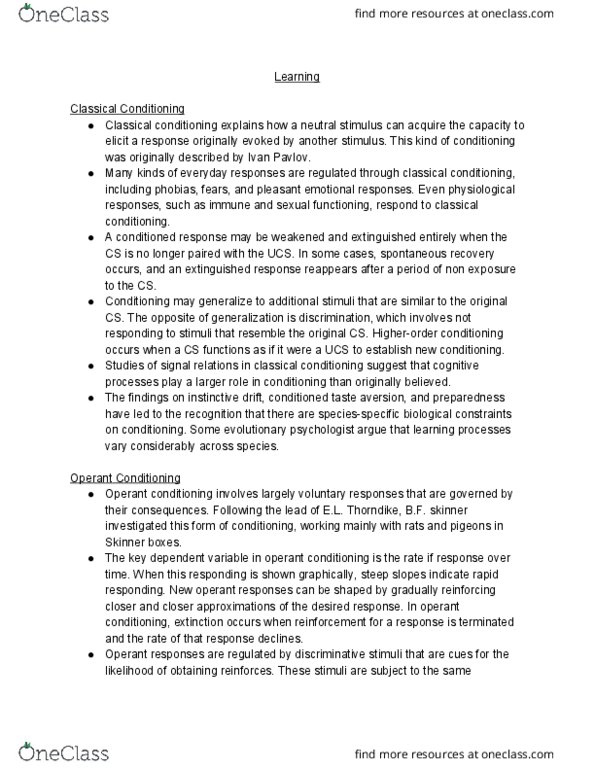 PSYC 1020H Chapter Notes - Chapter 6: B. F. Skinner, Conditioned Taste Aversion, Classical Conditioning thumbnail