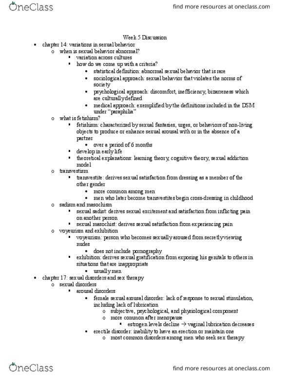 PSY BEH 118D Chapter Notes - Chapter 14,17: Female Sexual Arousal Disorder, Vaginal Lubrication, Cognitive Behavioral Therapy thumbnail