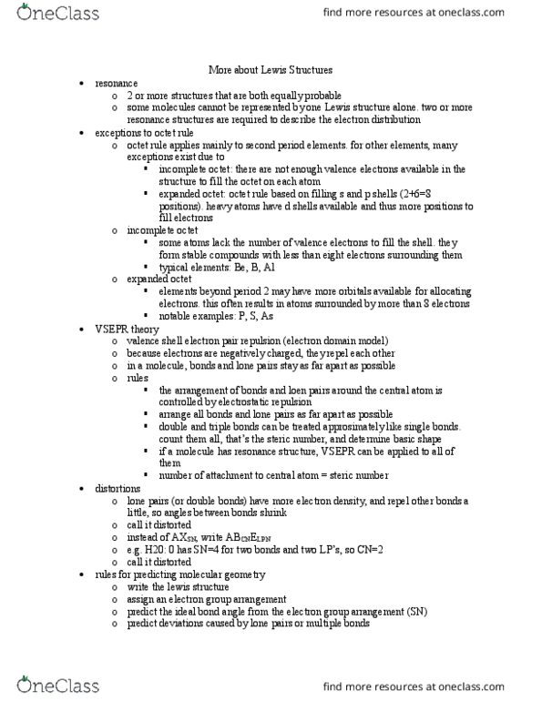 CHEM H90 Lecture Notes - Lecture 13: Steric Number, Vsepr Theory, Molecular Geometry thumbnail