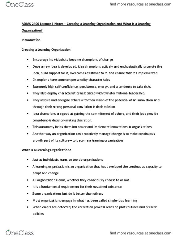 ADMS 2400 Lecture Notes - Lecture 1: Learning Organization, Transformational Leadership, Thermostat thumbnail