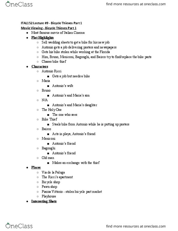 ITAL 152 Lecture Notes - Lecture 9: Bicycle Thieves thumbnail