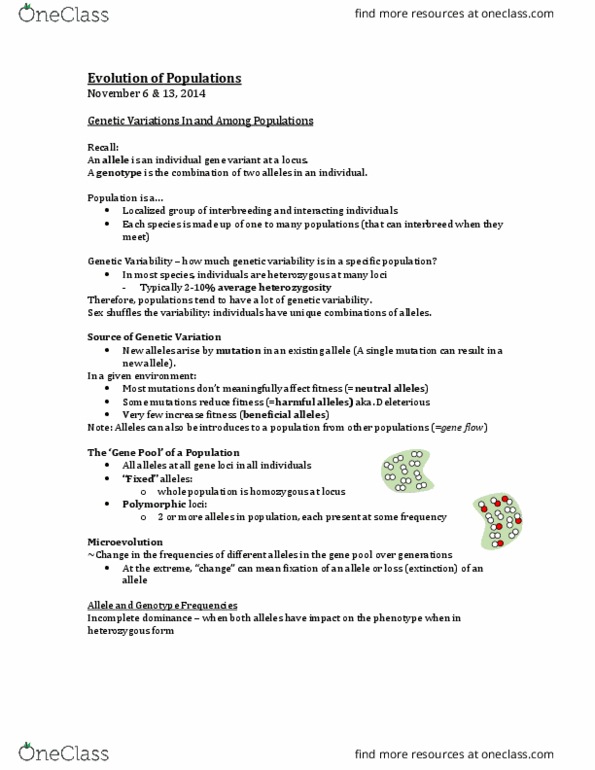 BIOL 1010 Lecture Notes - Lecture 18: Allele Frequency, Genotype Frequency, Zygosity thumbnail