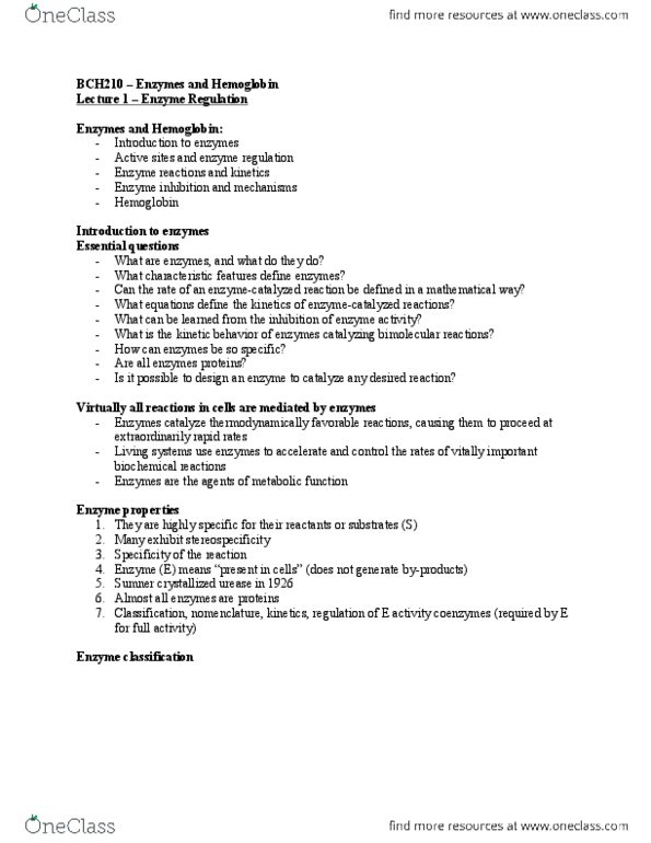 BCH210H1 Lecture Notes - Protease, Asymptote, Equilibrium Constant thumbnail