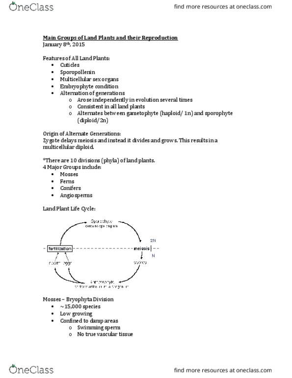 BIOL 1011 Lecture Notes - Lecture 1: Embryophyte, Sporopollenin, Gametophyte thumbnail