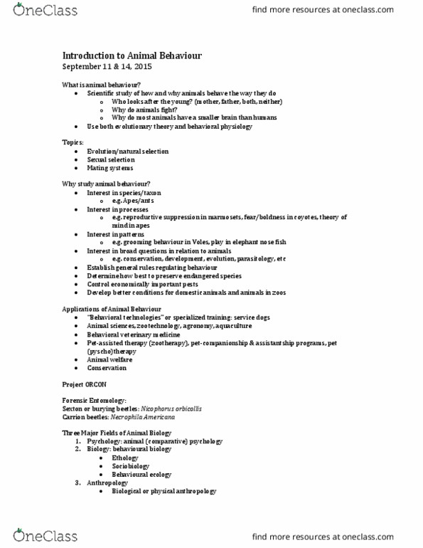 PSYO 2160 Lecture Notes - Lecture 1: Forensic Entomology, Veterinary Medicine, Parasitology thumbnail