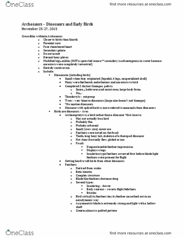 BIOL 2003 Lecture Notes - Lecture 22: Dinosaur, Theropoda, Archaeopteryx thumbnail